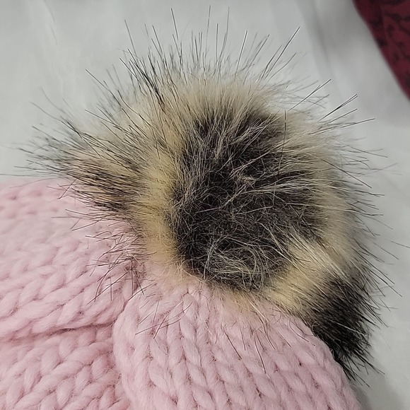 Nardi & Tagliaferri False Band Knit Light Pink Beanie with Faux Fur Pom Pom OS - Picture 6 of 8